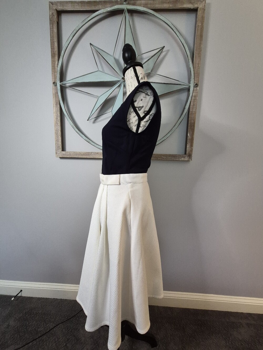 Ted Baker London Canniey Two-Tone Fit & Flare Bow Waist Dress Navy White 2/US 6 - Picture 11 of 16